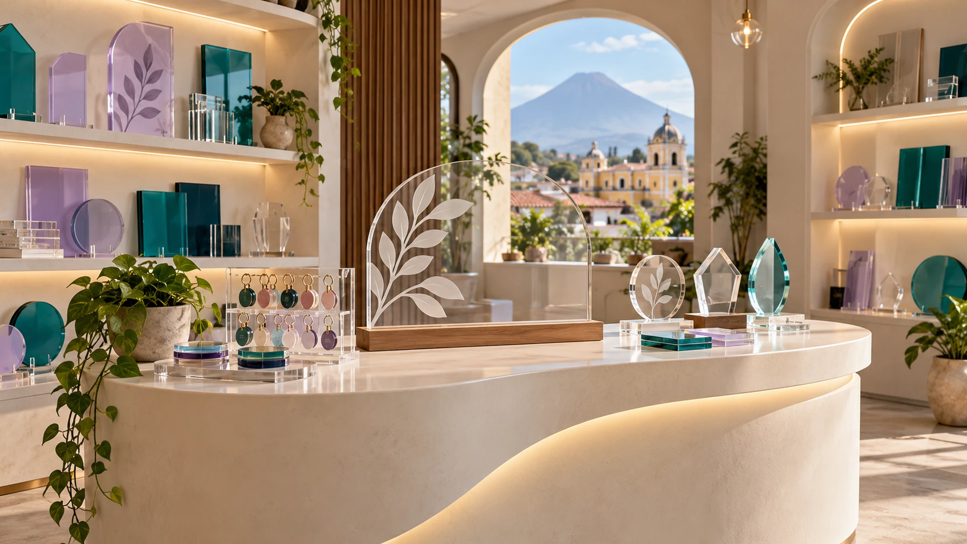 Showroom conceptual de piezas acrílicas con tonos lavanda y petróleo